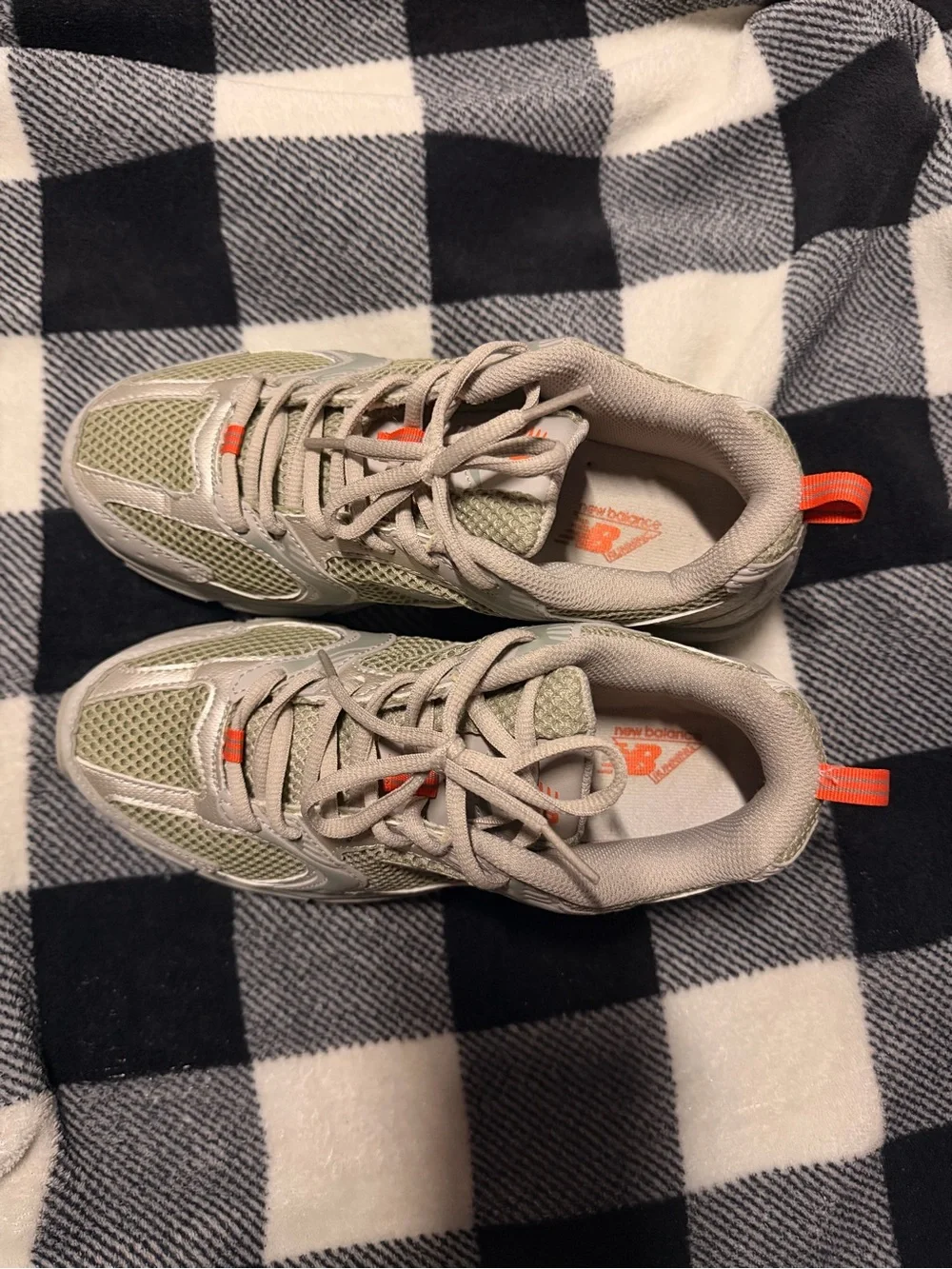 New Balance Kids' Gray and Olive Sneakers with Orange Accent WOMENS 8